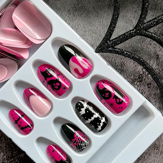 Halloween Press on Nails Oval Fake Nails French False Nails with Ghost & Spider Web Design Pink Acrylic Nails Full Cover Stick on Nails Artificial Nails Glossy Glue on Nails for Women 24Pcs