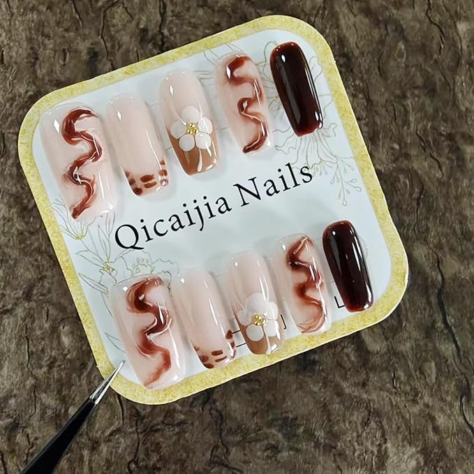 Medium Press on Nails Square Luxury Handmade Fake Nails Brown French Tip Acrylic Nails Press ons with Design False Nails Sparkly Full Cover Artificial Stick on Nail for Women 10Pcs(Size M)