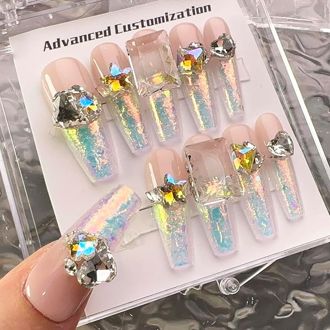 WOMHOPE Press on Nails Handmade Full Cover False Nails with Rhinestone Vintage Flower Aurora Acrylic Nails for Women and Girls 10pcs/Box Long Almond,Coffin (French polarization, Medium)