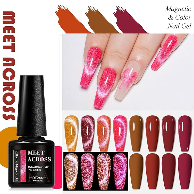MEET ACROSS 8pcs Gel Nail Polish Set, Soak off UV LED Lamp Gel Nail Polish Cat Eye Set Home Gel Manicure Kit 7ml (Cat Eye + color Gel-2)