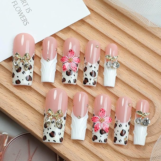 Handmade Press On Nails - White French Tip Press on Nails Long Square Fake Nails with 3D Flower and Rhinestones Bow Designs Long Acrylic Sparkly False Nails for Women Nails DIY 10Pcs(Size M)