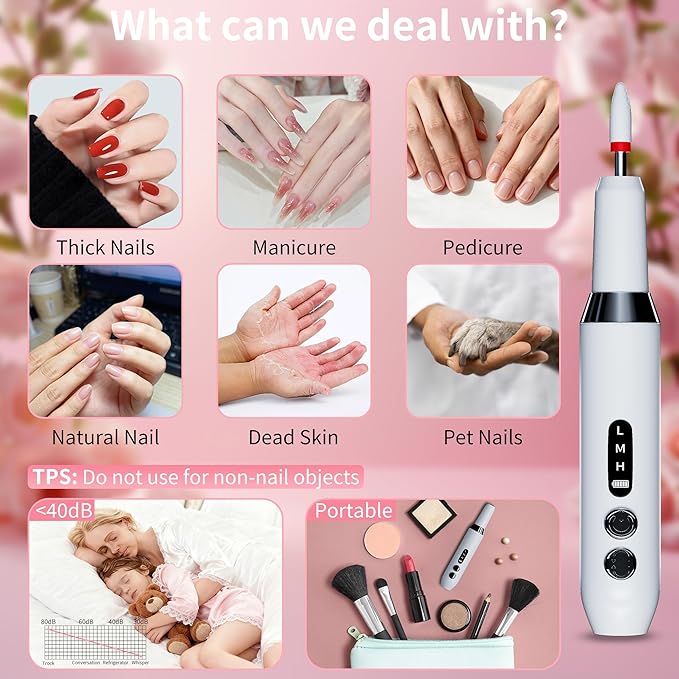 Nail Drill Kit,Nail File Cordless Nail Drill Machine for Gel Powder Nails,Professional Portable Manicure Pedicure Rechargeable Lightweight for Home Salon Use