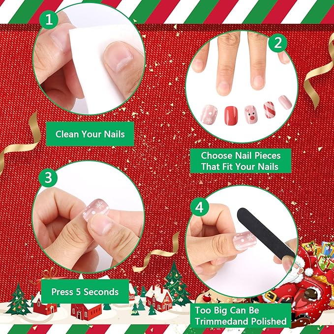JANYUN Christmas Kids False Nails, 96 Pcs Stick On Nails Kids Full Cover Xmas Short False Nails Lovely Gift for Little Girls Nail Art Decoration (Christmas Theme)