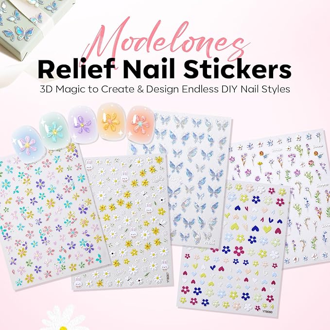modelones Gel Polish Flower Nail Stickers, 3D Embossed Colorful Floral Daisy Heart Bunny Nails Supplies Flower Nail Art Design for Spring Easter Manicure DIY Nail for Women & Kids 5Pcs