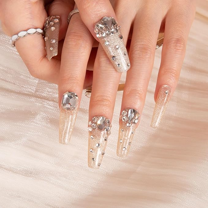 LOVFUL Press on Nails Shine Bright Like a Diamond | Handmade with Full Covered Crystals | Reusable Full Cover Nails | Coffin Classic Regular 1.3 in | H06-L