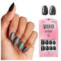 WICKED X KISS Press On Nails Almond, ‘I Look Good in Green’, Green, Short, Waterproof, Chip Proof, Smudge Proof, 28 Fake Nails, Pink Gel Nail Glue (2g), Mini Nail File, & Manicure Stick