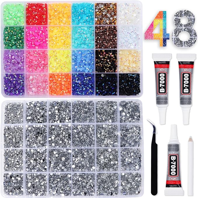 2 Boxes Rhinestones for Bedazzling Kits, Multicolor 4mm & Silver Clear 2/3/4/5/6mm Resin Flatback Gems for Diamond Art, Bedazzler Kit with 3Pcs 10ml B7000 Jewelry Glue for DIY Crafting Crafts Decor