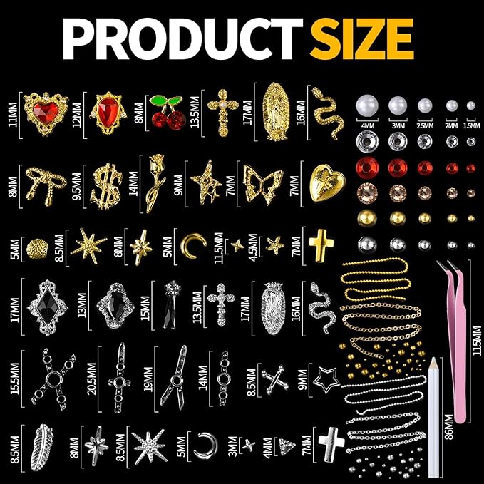 Teenitor Nail Charms and Gems with Nail Stickers, 6 Boxes Silver & Gold Nail Gems and Rhinestones Kit for Women, 3D Nail Art Rhinestones Nail Pearls, Caviar Beads for Nails,Y2K & Cross Nail Charms