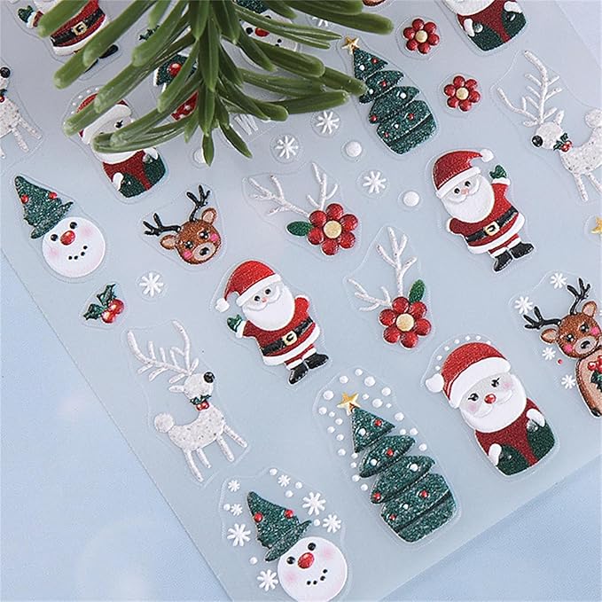 Christmas Nail Art Stickers, Self-Adhesive Green Santa Hat Snowflake Elk Xmas Tree Design for Holiday Nail Decals, Pegatinas Uñas Navidad DIY Decorations (6 Sheets)