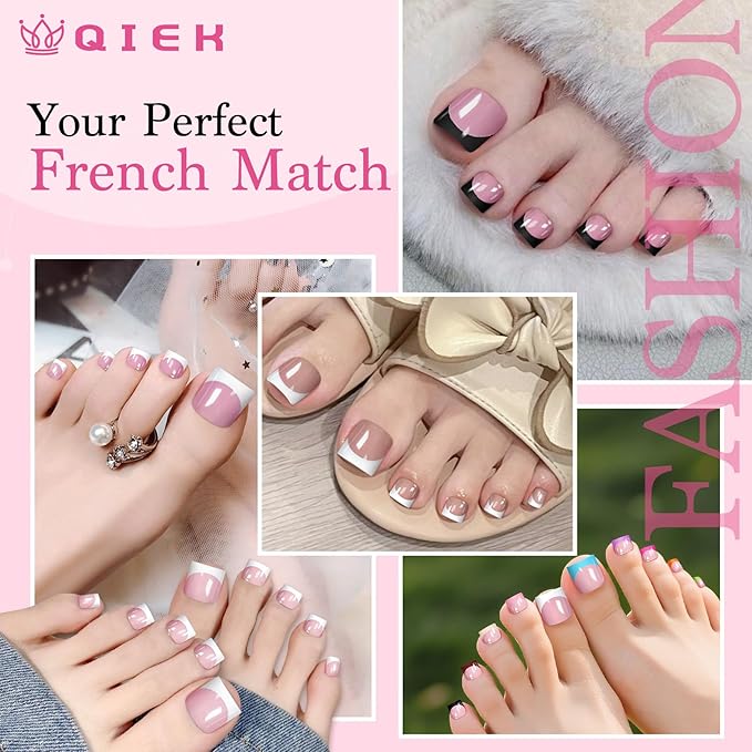 Toe Nails Press On French Tips for Women, 15 Sizes 150 Pcs Sharp Square Pre-applied Primer & Base Coat Toenail Press Ons Baby Pink Full Cover Fake Tips Extension, Builder Nail Gel & Top Coat Required