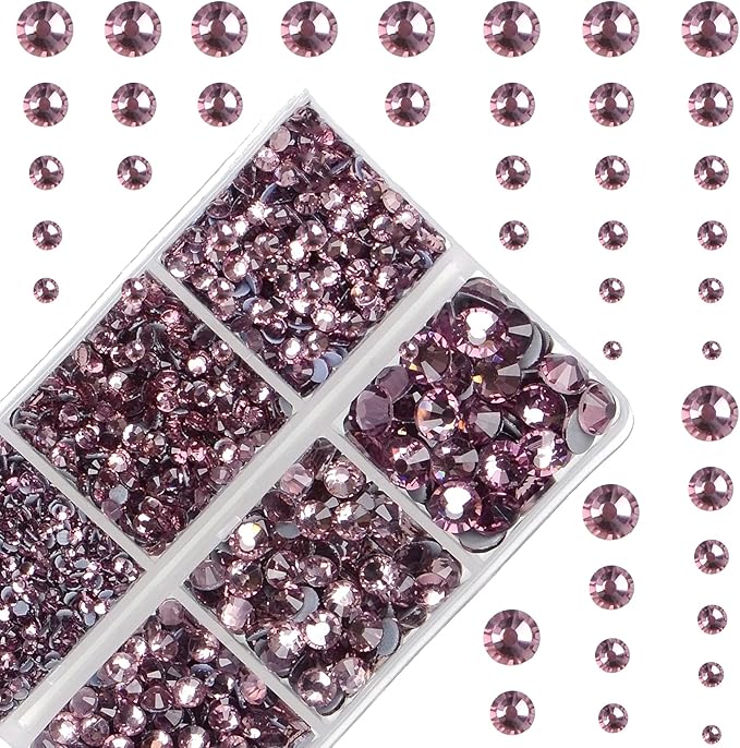 4000Pcs Mixed Size Hot Fix Round Crystals Gems Glass Stones Hotfix Flat Back Rhinestones (Light Amethyst)