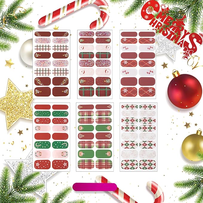 6 Sheets Christmas Nail Wraps Full Stickers Nail Polish Strips, Cute Grid DIY Self-Adhesive Glitter Nail Art Decals Snowflake Xmas Tree Red Green Party Decor with 1 Pcs Nail Files (128 Pieces)