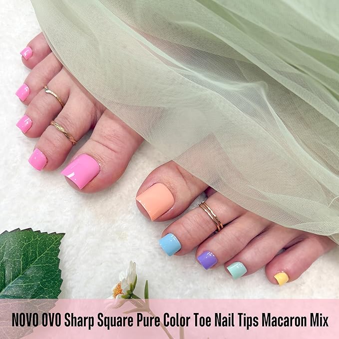 NOVO OVO PASTEL Toe Nail Tips Press on Macaron Color Colorful 6 Mix Dopamine Shade, Sharp Square Soft Gel Thick False Toenail Extension, Medium Wide Fake Toenails,Full Cover Acrylic x 15 Sizes 180 pcs