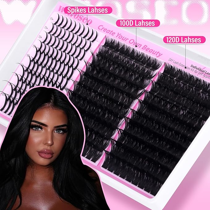 wiwoseo Lash Spikes Lash Clusters Kit Fairy Lash Clusters Eyelash Extensions Kit Spiky Eyelash Clusters Kit 100D+120D Fluffy Cluster Lashes Salon Lashes Clusters Kit with Clear Lash Bond and Seal