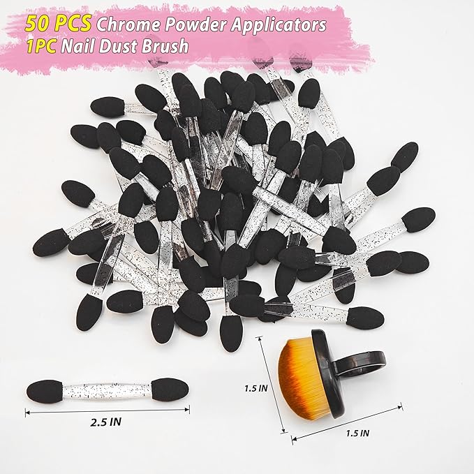 Black 50PCS Chrome Nail Powder Applicators & Nail Dust Brush, Dual-Sided Nail Chrome Applicator, Soft Sponge Eyeshadow Applicators for Chrome Powder & Metallic Mirror Nails