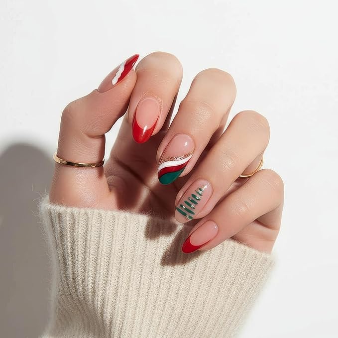 Press On Nails Almond Christmas, French Tip Press on Nails Short, Glue On Nails for Women Gift, Supremely Fit Natural Reusable Stick On Nails in 12 Sizes -24 Fake Nails Kit, Wave Christmas Tree