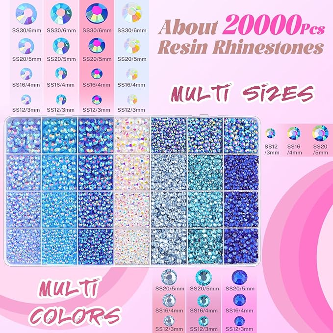 20000Pcs Blue Rhinestones for Bedazzling with B7000 Jewelry Glue, Resin Rhinestones for Crafting Crafts DIY, Bedazzler Kit Gems for Clothing Shoes Tumblers Fabric Nail Art Assorted Size 3/4/5/6mm