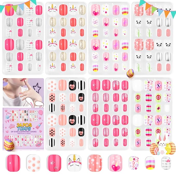 SAVILAND 168 Pieces Press on Nails for Kids 7 Pack Kid Fake Nails Stick on Nails Pre-glue Full Cover Short Acrylic Nail Tips for Children Glitter False Nails Christmas Easter Gifts for 8-12 Year Girls