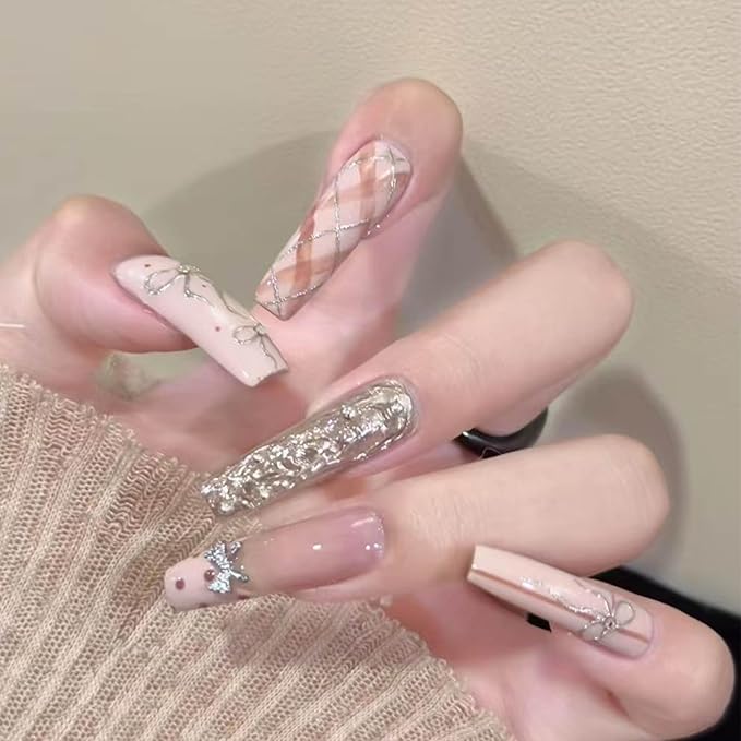 Press-on Nails, Long Ballerina Style, Pink with 3D Silver Butterfly and Bow Design, Handmade False Nail 10 Pieces (Medium,LB)
