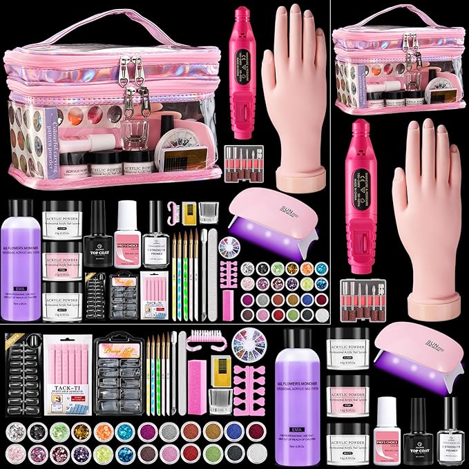 Nail Kit for Beginners with Everything: Professional Nail Acrylic Powder Liquid Set with Practice Hand Drill U V Light in Cosmetic Bag for Women Salon Home (Pink)