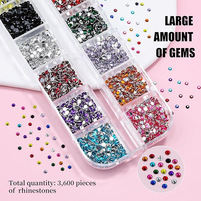 4000pcs 2mm Flatback Nail Art Rhinestones, Resin 3D Sparkling Nails Crystal Diamonds Gems Mini Charms with Tweezers and Dual-end Brush for Nail Art, Crafts Artwork DIY, Face Makeup Gems Jewels (6-K1)