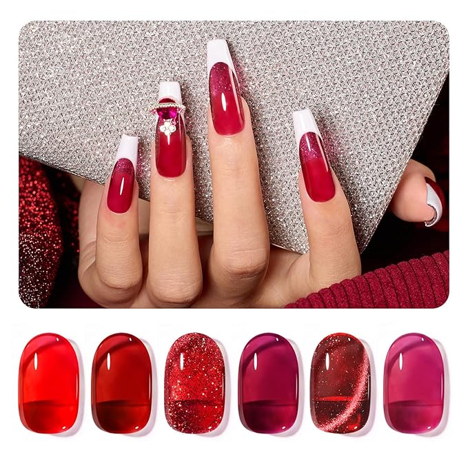 Beetles Red Gel Nail Polish Set, Gel Polish 6 Colors Cat Eye Glitter Burgundy Bright Jelly with Magnet, Soak Off LED Lamp DIY Salon at Home Manicure Gifts for Women Red Revival