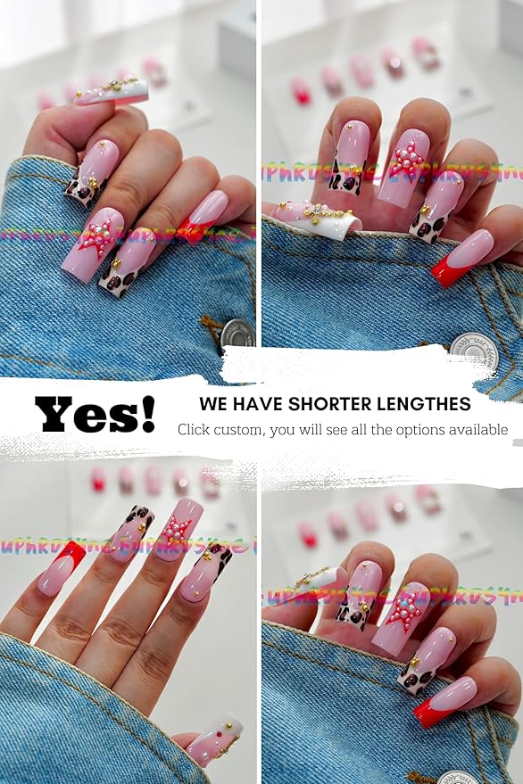 Euphrosyne Pink Jelly Press On Nails – Y2K Red French Tips with Punk Leopard Charms | 10pcs Cute Handmade Fake Nails for Daily & Party Use