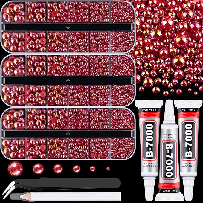 Flatback Pearls for Crafting with 3Pcs 10ml B7000 Jewelry Glue, 3 Boxes of Half Round Red AB Pearls, Bedazzling Beads for DIY Crafts Clothing Tumblers Shoes Embellishment Nail Art