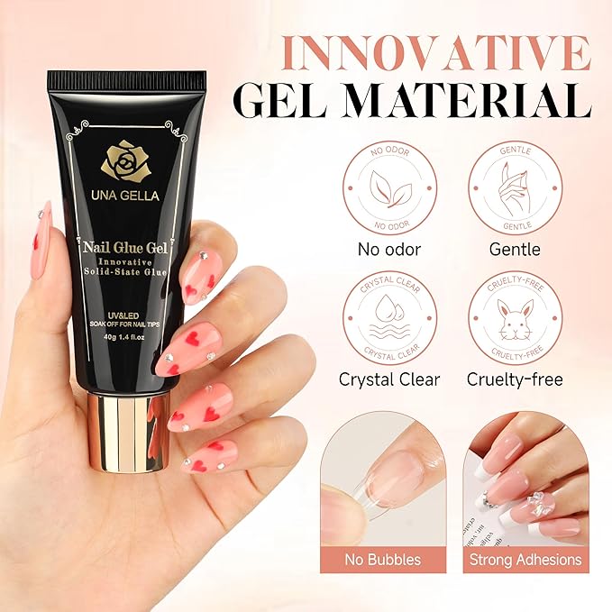 UNA GELLA Gel Nail Glue, Solid Nails Gl ue Gel 40g Lamp Curing Needed Soak Off G LUE Strong Nail G LUE G el for Acrylic Fake Nails Tips Extension Press On Nails for Gelly Tips
