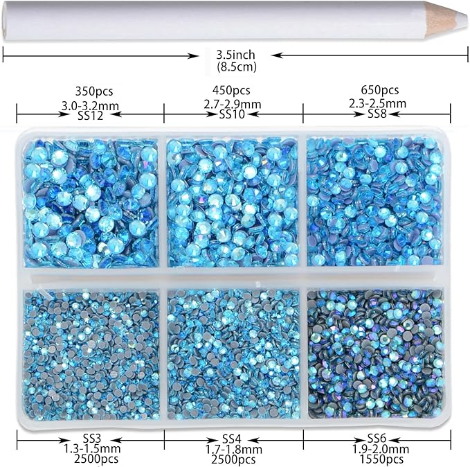 8000pcs Hotfix Rhinestones Flatback,Rhinestones for Crafts Clothes Mixed 6 Sizes, Hotfix Crystals with Wax Pencil Kit, SS3-SS12,Aquamarine AB