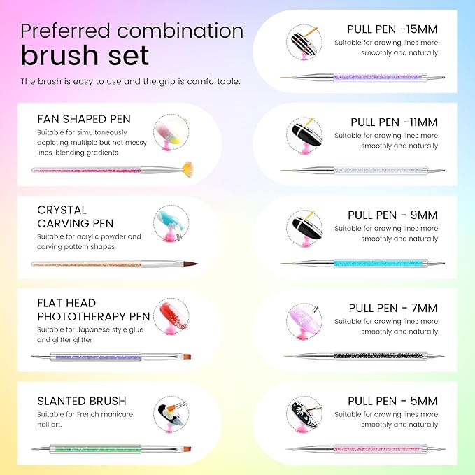 AIJIMEI 9pcs Nail Art Brushes Nail Tool Set, Nail Design Brushes Mixed Color Two-Way Nail Art Brushes, Point Pen Tool Nail Trimming Kit, Suitable For Home Salons.