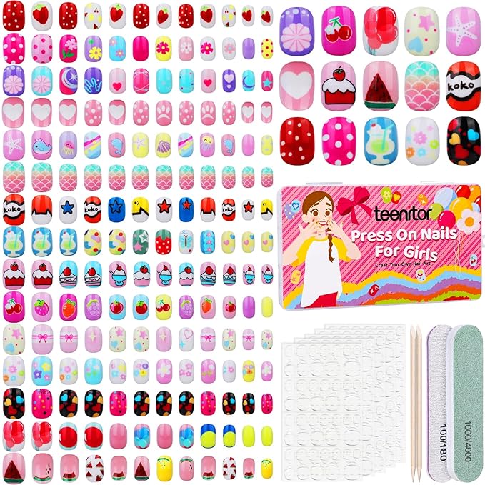 Teenitor 360 Pcs Kids Press On Nails, 15 Styles 12 Sizes Press On Nails for Kids Girls 8-15 Years, Fake Acrylic Kids Nails with Nail Adhesive Tabs, Nail File Nail Buffer
