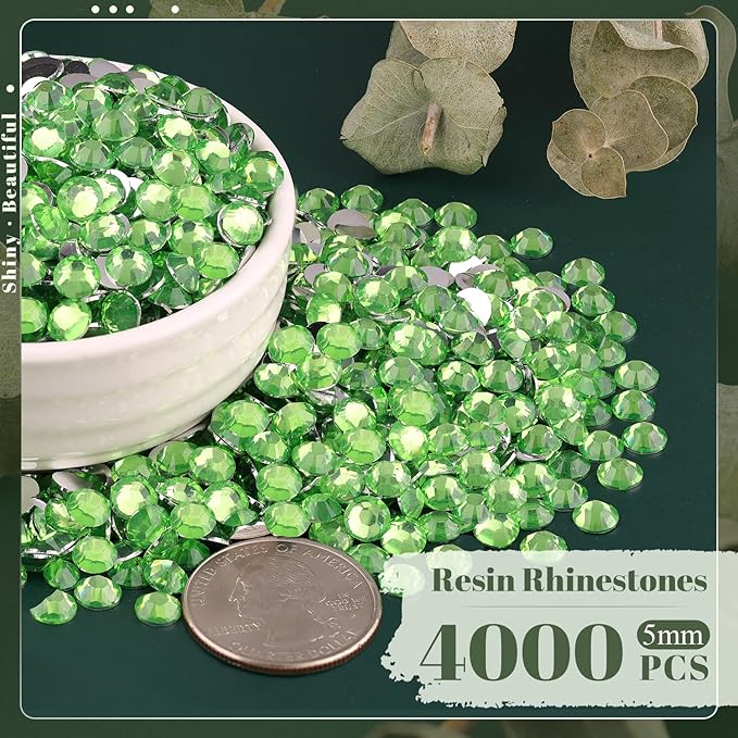 4000PCS 5mm Resin Rhinestones Bulk for Crafting (Light Green), Flatback Bedazzling Crystals for Crafts DIY Nail Decoration, Gems Charms for Tumbler Shoes Clothing Fabric with Pickup Pen and Tweezers