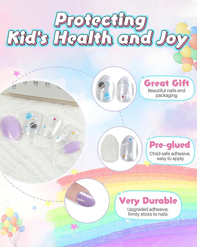 Cute Press on Nails for Kids,Girls Trendy Stuff Fake Nail Kit for Ages 5-12, Pre-glue Glitter Short Acrylic Nail Stick on Nails, Great for Girl Birthday Gifts, Parties&Makeovers Decoration