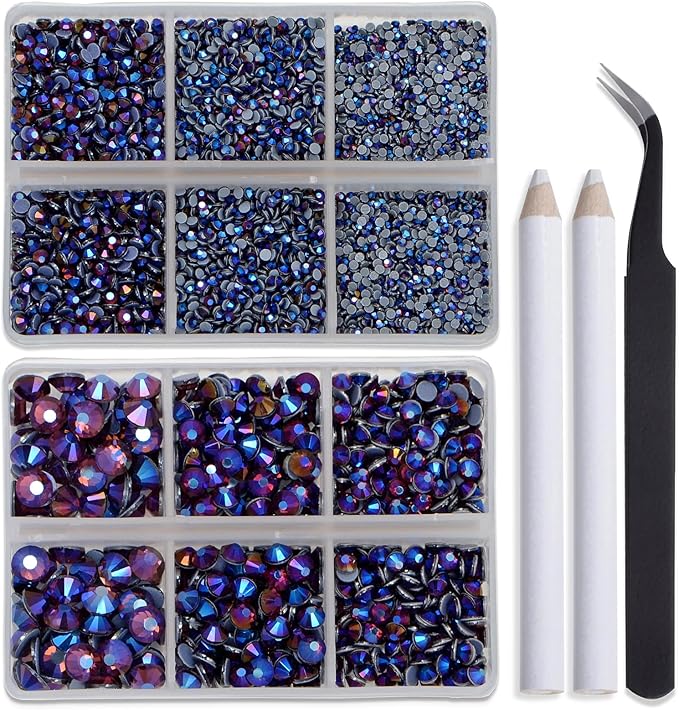 Bymitel Hotfix Crystal Rhinestones Round Gems for Crafts,Mixed 6 Sizes with Wax Pencil Kit, Amethyst AB 1.6-6.3mm SS4-SS30/8000pcs