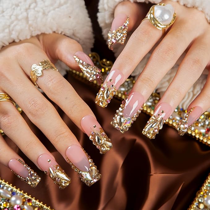 LOVFUL Short French Tip Press on Nails Golden Aura | Handmade Acrylic Press ons| Reusable Fake False Nails | Square Classic Regular 1.3in | H682-M