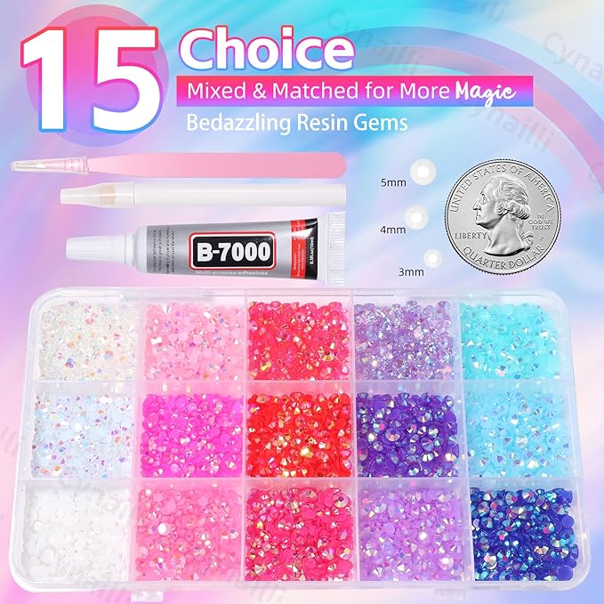 15 Grids Color Resin Bedazzling Rhinestones for Crafting, White Pink Red Purple Blue Rainbow Bedazzling Gems Kit, Jelly Resin Rhinestones for DIY Face Eyes Makeup Crafts Tumblers Bottles