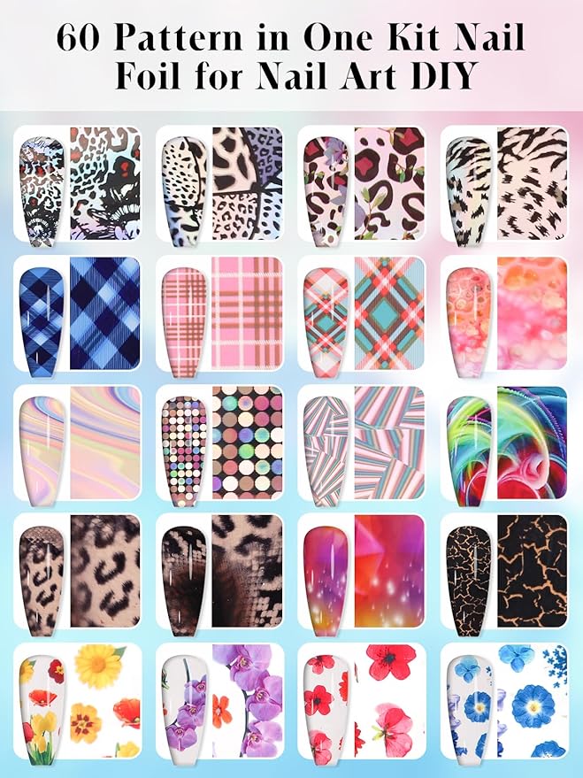 Kalolary 30ML Nail Foil Glue Gel with 60Pcs Foil Transfer Stickers Set, Holographic Laser Buffalo Plaid Flower Leopard Cheetah Nail Art Transfer Stickers for Salon Home Use