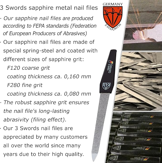 3 Swords Germany - Brand Quality Sapphire Metal Nail File Set (5 pcs.) with 3-Way Nail Buffer (1 pc.), Manicure Pedicure Finger & Toe Nail Care - Made in Solingen Germany (671)