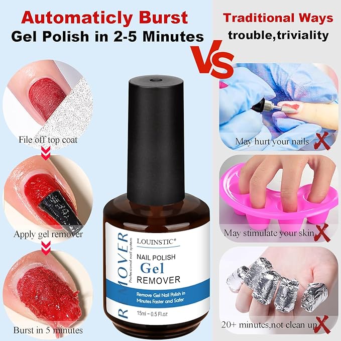 Gel Polish Remover – 45ML, Professional & Fast Gel Remover Kit, Easily Remove Gel Nail Polish in 2-5 Minutes, Gentle, Acetone Free, Not Damage to Natural Nails with Nail Files 3pcs