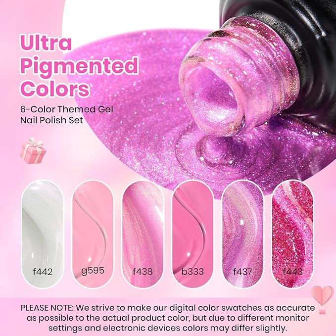 Beetles Pink Gel Nail Polish Set - 6 Colors Shimmer Nail Polish Nail Kit Hot Pink Pearl White Glitter Color Gel Pink Reverie Collection Soak Off Uv LED Nail Lamp Spring Gift for Women & Girls