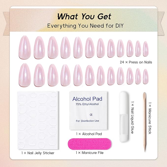 Chrome Press On Nails Almond, Glazed Light Pink Glue on Nails Medium Press Ons, Acrylic Natural Fit Stick on Nails in 12 Sizes - 24Pcs Fake Nail Kit for Women Daily & Party Wear