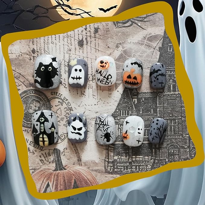Nightmare Before Christmas Press On Nails Short Square – Glossy Grey Fake Nails with Pumpkin Ghost House Black Cat Design, Multi-Layer Gel Acrylic Nails (Autumn Haunted Story,M)