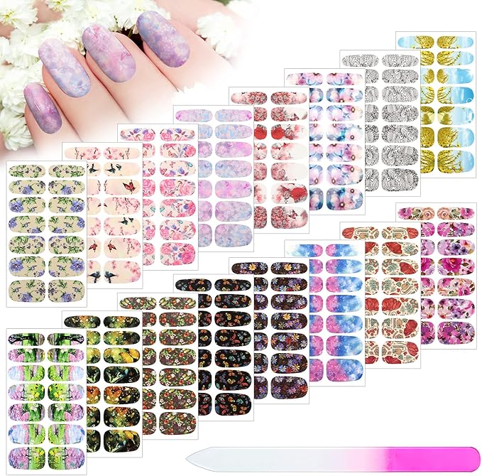 224 Pieces 16 Sheets Flower Full Wrap Nail Polish Stickers Self Adhesive Nail Wraps Nail Decals Nail Polish Sticker Butterfly Flower Nail Decals for Women Nail Decoration