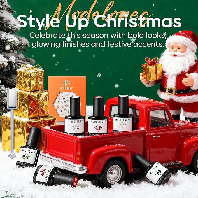 modelones Gel Nail Polish Set, 6 Colors White Red Dark Green 9D Cat Eye Gel Polish Gold Stars Ornament Glitter Nail Polish with Stickers & Magnet & Wooden Stick LED Mani DIY Gift