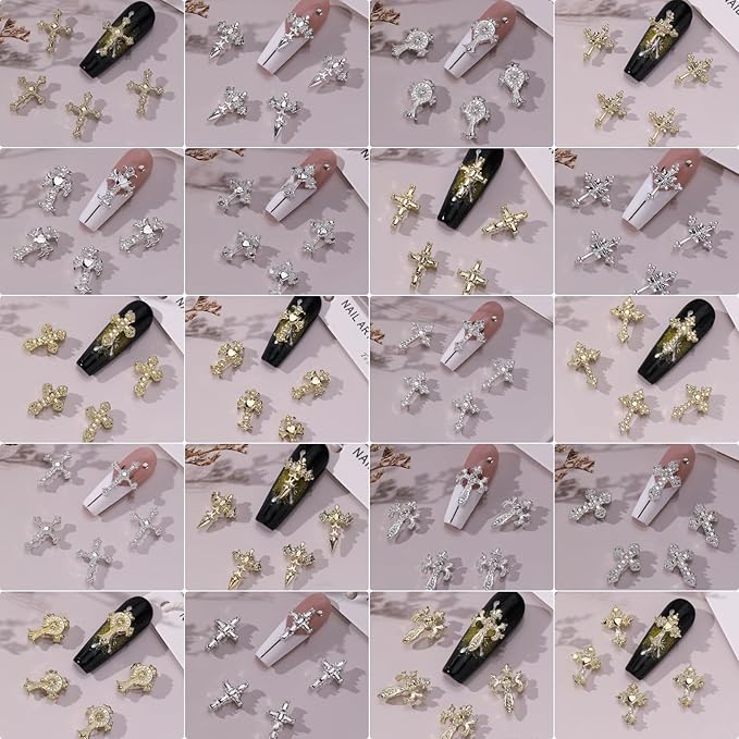 3D Cross Nail Charms for Nail Art, 80 Pcs Metal Crystal Cross Nail Decorations, Alloy Nail Studs and Rhinestones for Women Girl DIY Jewelry Crafts Supplies (80 PCS Gold+Silver)