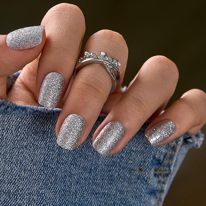 CurvLife Press On Nails Short Square Silver Sparkle Glitter, High-Shine Shimmer Finish Soft Gel Fake Nails, Reusable Salon-Style Manicure for Women Teens Beginners, 30pcs, Party Night Out
