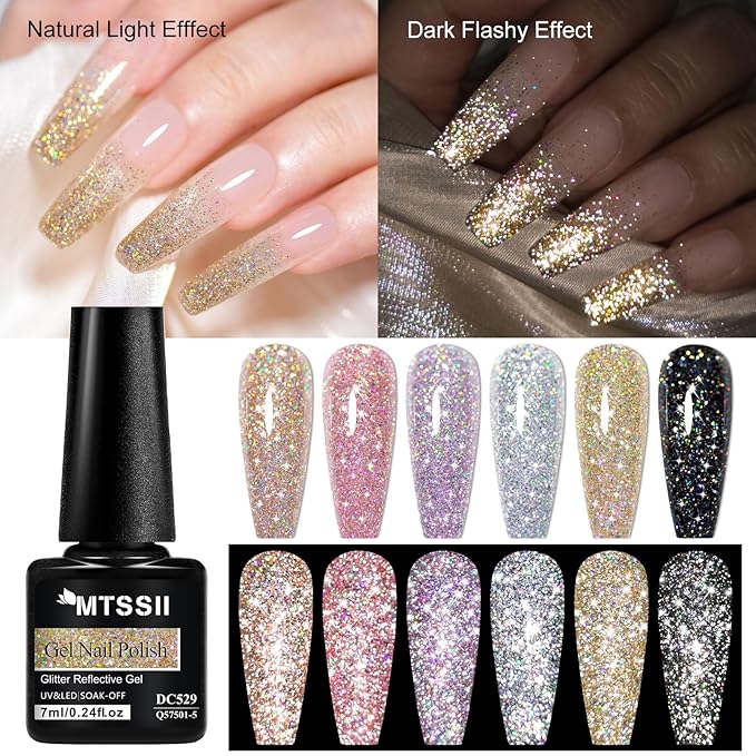 MTSSII Reflective Glitter Gel Polish Gold Silver Pink Glitter Sparkly Shiny Disco DJ LED Gel Nail Polish Nail Varnish 12PCS 7ml