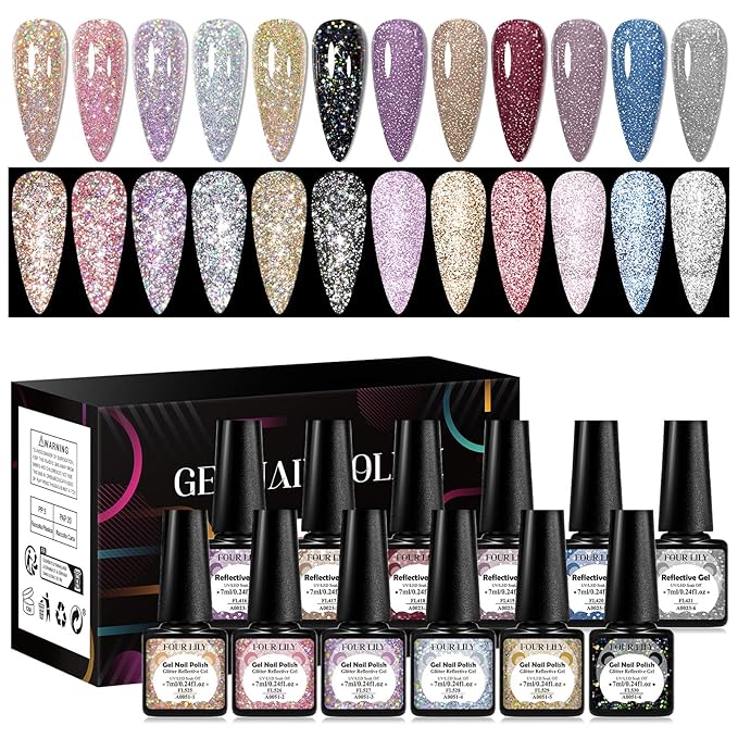 Reflective Glitter Gel Polish 12 Pcs, Flash Dimond Black Gold Silver Nail Polish Sparkly Shiny Nail Art UV LED Curing Need Nail Gel for Manicure DIY and Salon 7ML