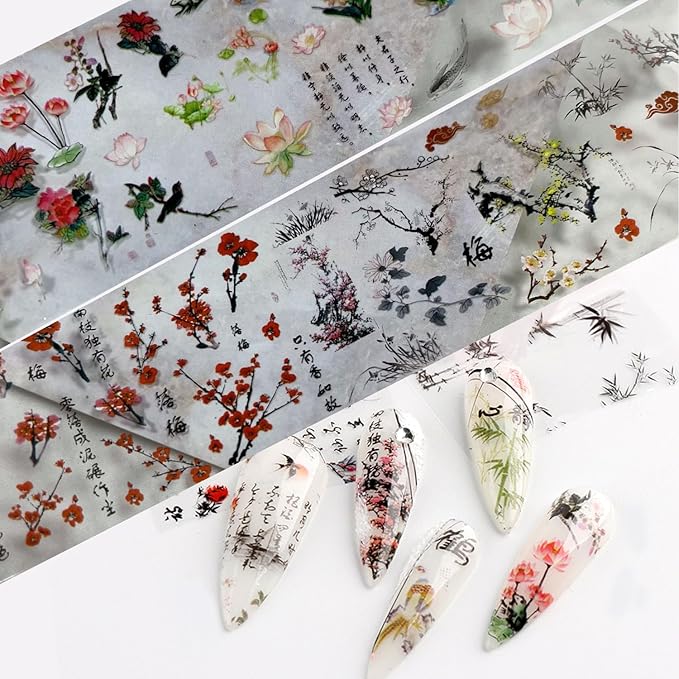 JERCLITY 10 Rolls Chinese Style Nail Foil Transfer Sticker Plum Orchid Bamboo Ink Painting Pattern Nail Art Decals Transfer Stickers Wraps